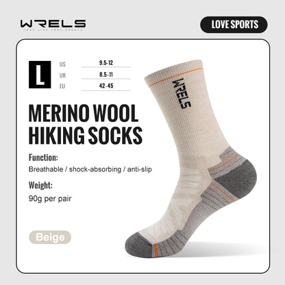 Chaussettes en laine mérinos WRELS pour la randonnée et la course à pied. Douces, légères, amortissantes, mi-mollet, respirantes, idéales pour le cyclisme.