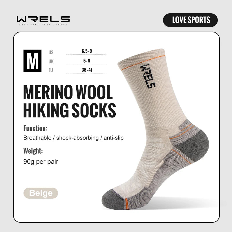 Chaussettes en laine mérinos WRELS pour la randonnée et la course à pied. Douces, légères, amortissantes, mi-mollet, respirantes, idéales pour le cyclisme.