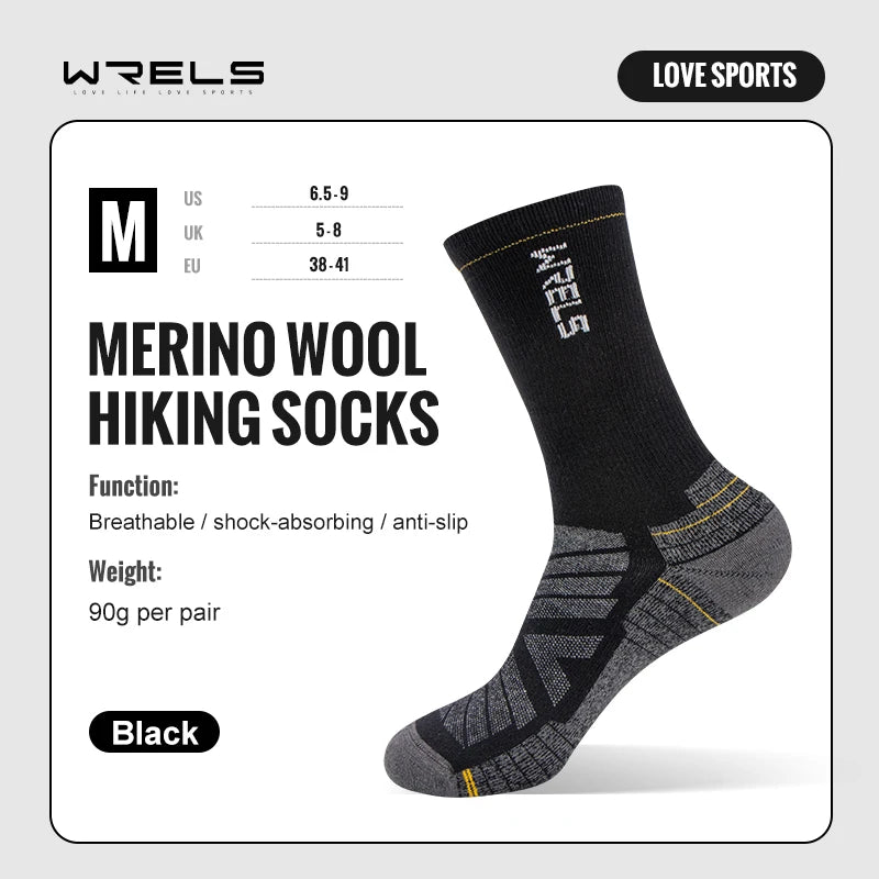 Chaussettes en laine mérinos WRELS pour la randonnée et la course à pied. Douces, légères, amortissantes, mi-mollet, respirantes, idéales pour le cyclisme.